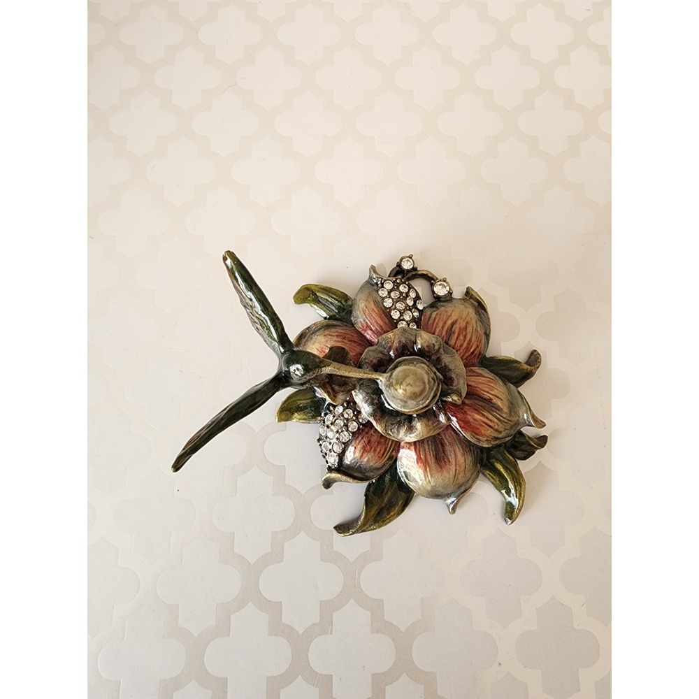 NIB Hummingbird Ring Holder Crystal Enamel Flowers Metal Jewelry Decor Vtg - Picture 9 of 12